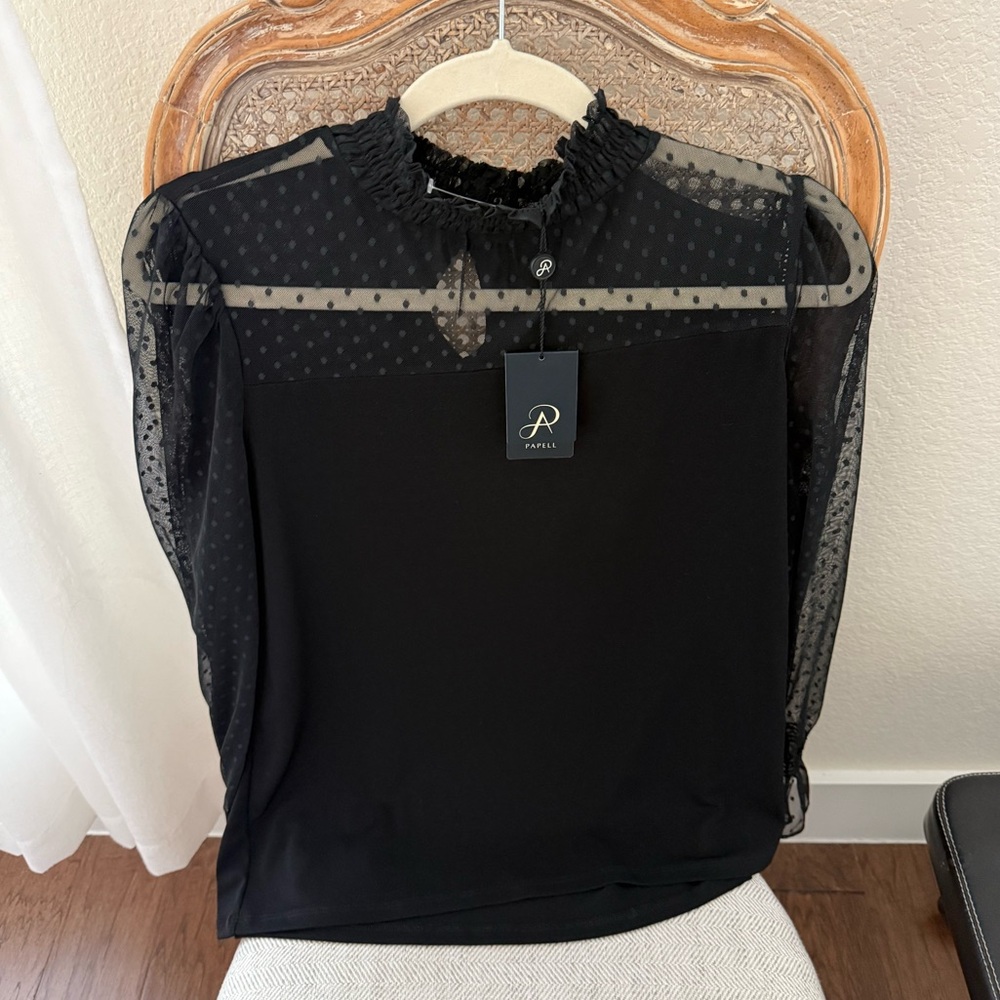 NWT Adrianna Papell Elegant Black Sheer Women's Blouse L